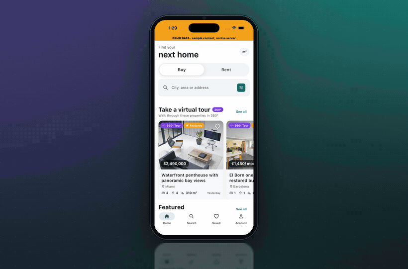 Tudira real estate Flutter app — home, search, map, 360 tour, dark mode and Arabic RTL in one binary